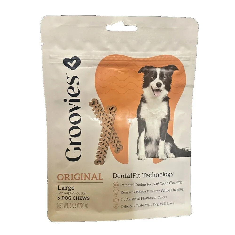 Groovies Original Dental Chews Large Dog 25-50lbs-6ct 360 Tooth Cleaning Tech.